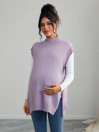 Women's Maternity Loose Knitted Sweater with Side Slit - Casual Autumn Pullover