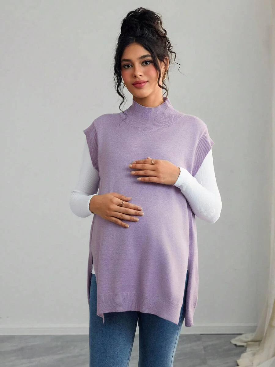 Women's Maternity Loose Knitted Sweater with Side Slit - Casual Autumn Pullover