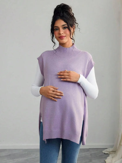 Women's Maternity Loose Knitted Sweater with Side Slit - Casual Autumn Pullover