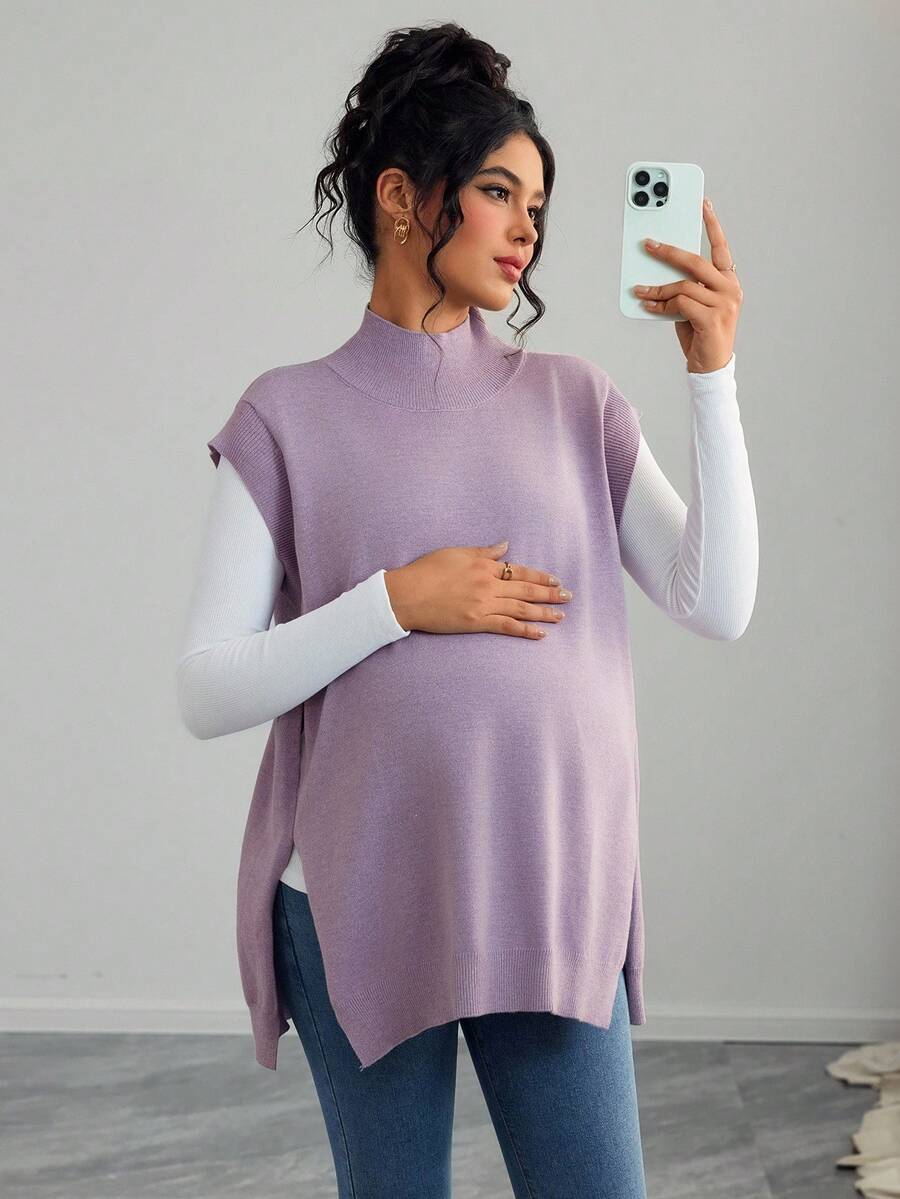 Women's Maternity Loose Knitted Sweater with Side Slit - Casual Autumn Pullover