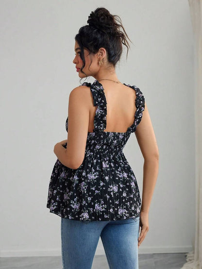 Maternity Boho Nursing Tank Top - Floral Print, Frill Trim, Wide Strap, Lilac Purple