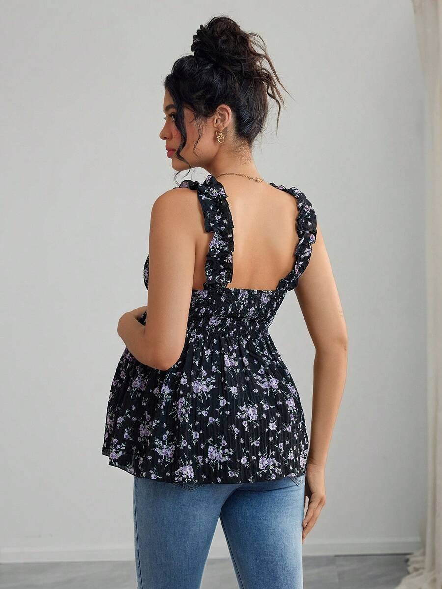 Maternity Boho A-Line Camisole - Floral Print, Wide Strap, Frill Trim, Mauve Purple