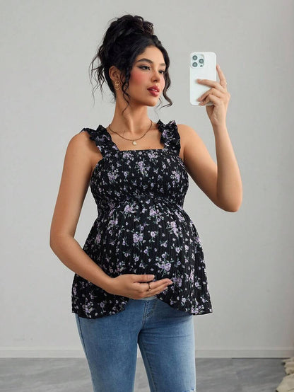 Maternity Boho A-Line Camisole - Floral Print, Wide Strap, Frill Trim, Mauve Purple