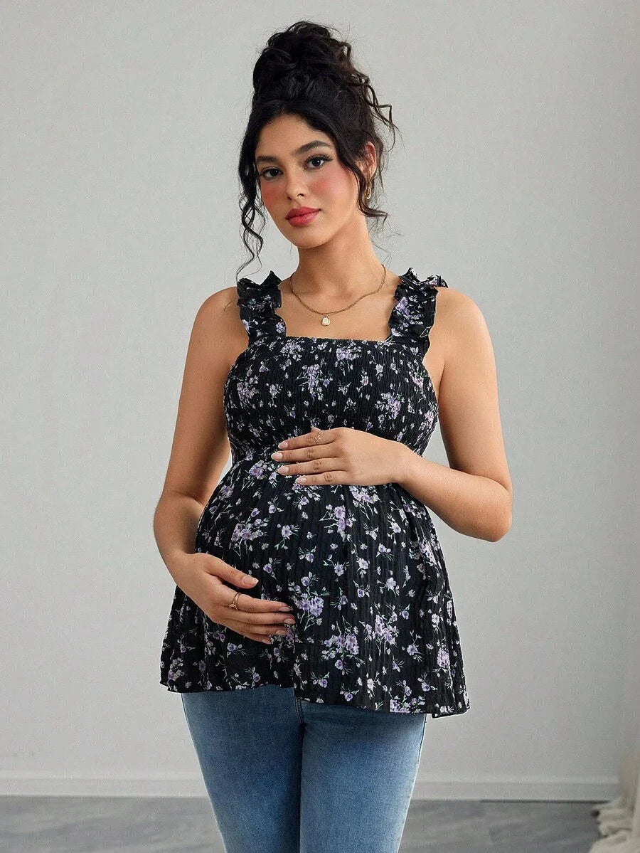 Maternity Boho A-Line Camisole - Floral Print, Wide Strap, Frill Trim, Mauve Purple