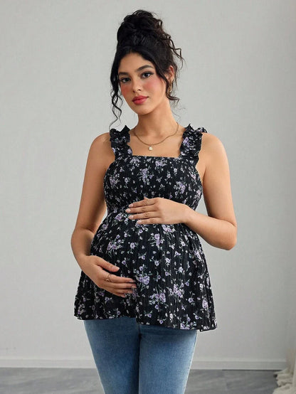 Maternity Boho A-Line Camisole - Floral Print, Wide Strap, Frill Trim, Mauve Purple