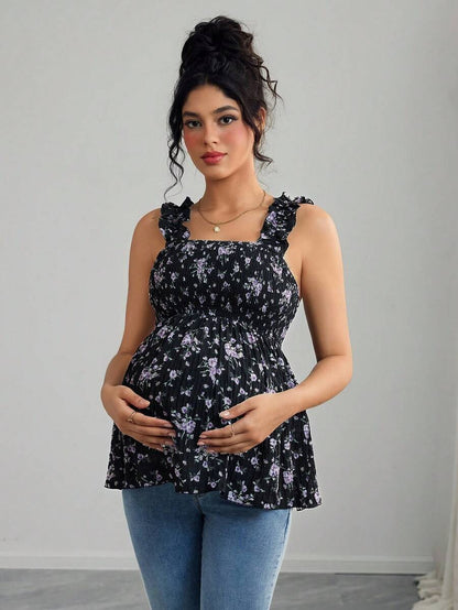 Maternity Blue and White Floral Frill Trim Camisole - Boho A-Line Sleeveless Wide Strap Beach Top