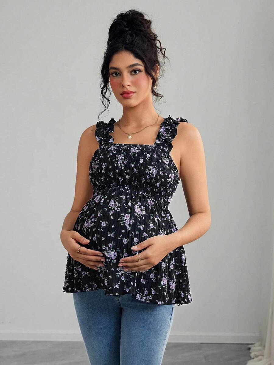 Maternity Boho A-Line Camisole - Floral Print, Wide Strap, Frill Trim, Mauve Purple