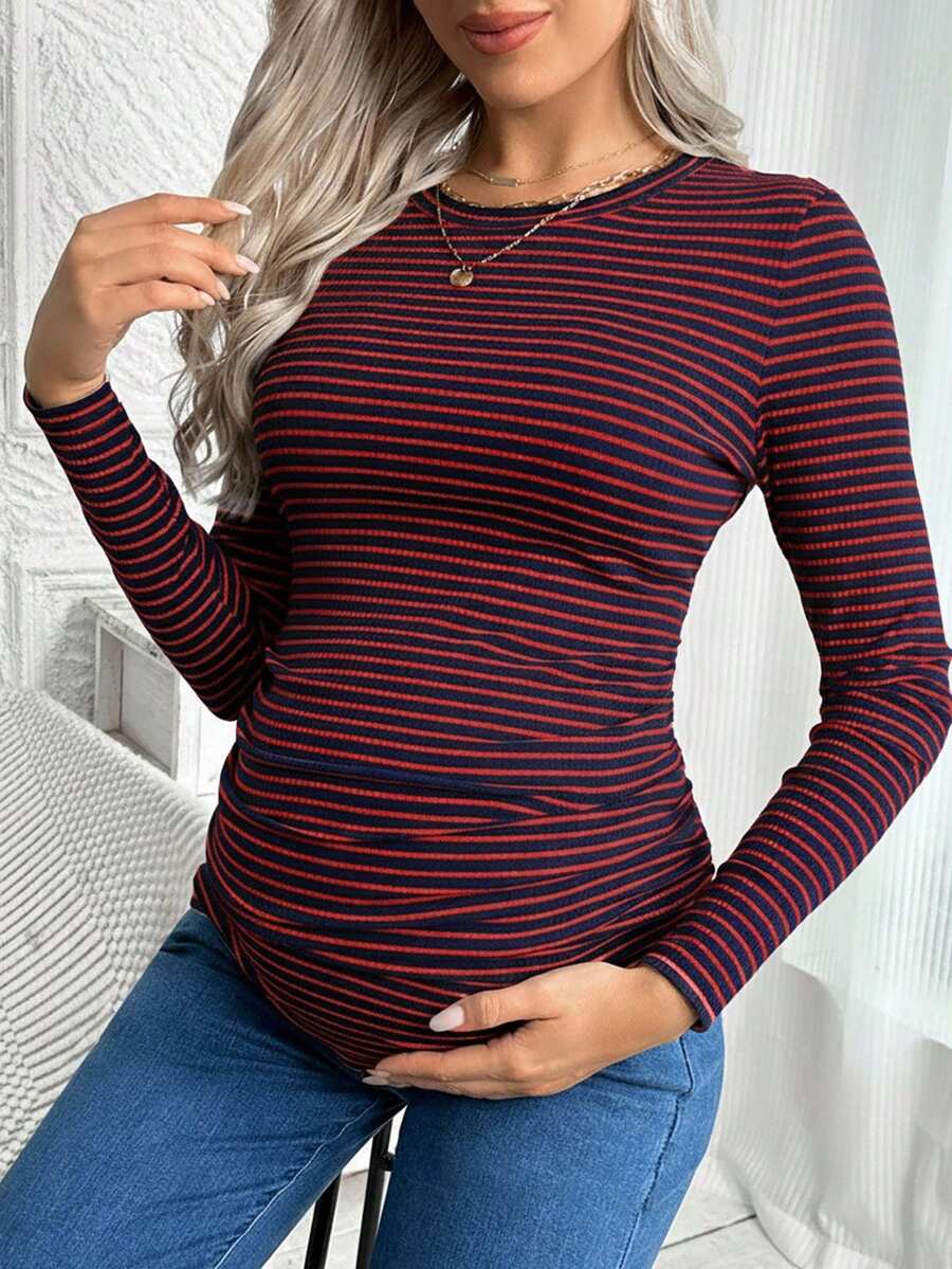 Maternity Striped Long Sleeve Slim Fit T-Shirt - Autumn Round Neck Rib-Knit Casual Top for Daily Wear