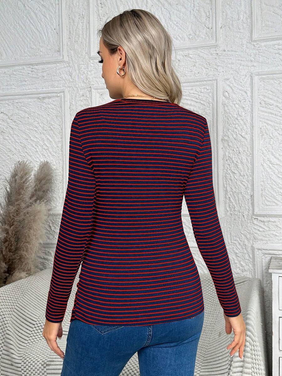 Maternity Striped Long Sleeve Slim Fit T-Shirt - Autumn Round Neck Rib-Knit Casual Top for Daily Wear