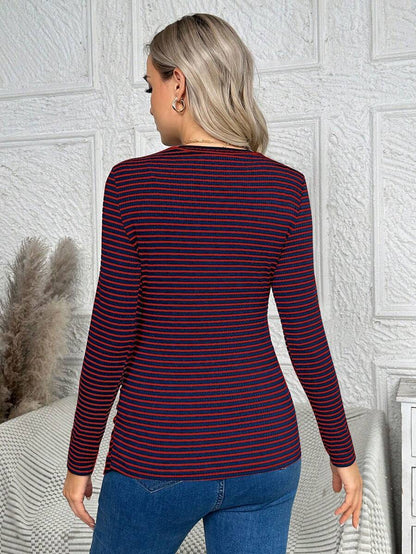 Maternity Striped Long Sleeve Slim Fit T-Shirt - Autumn Round Neck Rib-Knit Casual Top for Daily Wear