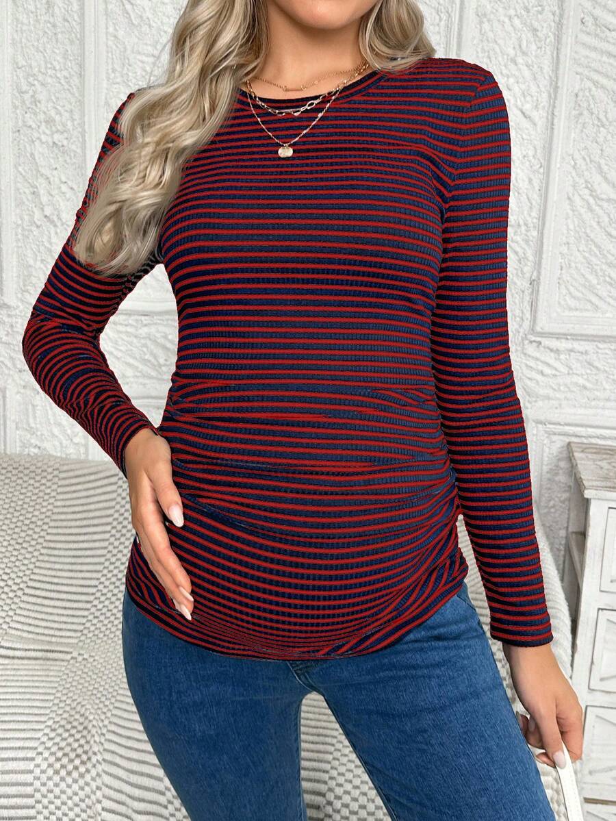 Maternity Striped Long Sleeve Slim Fit T-Shirt - Autumn Round Neck Rib-Knit Casual Top for Daily Wear