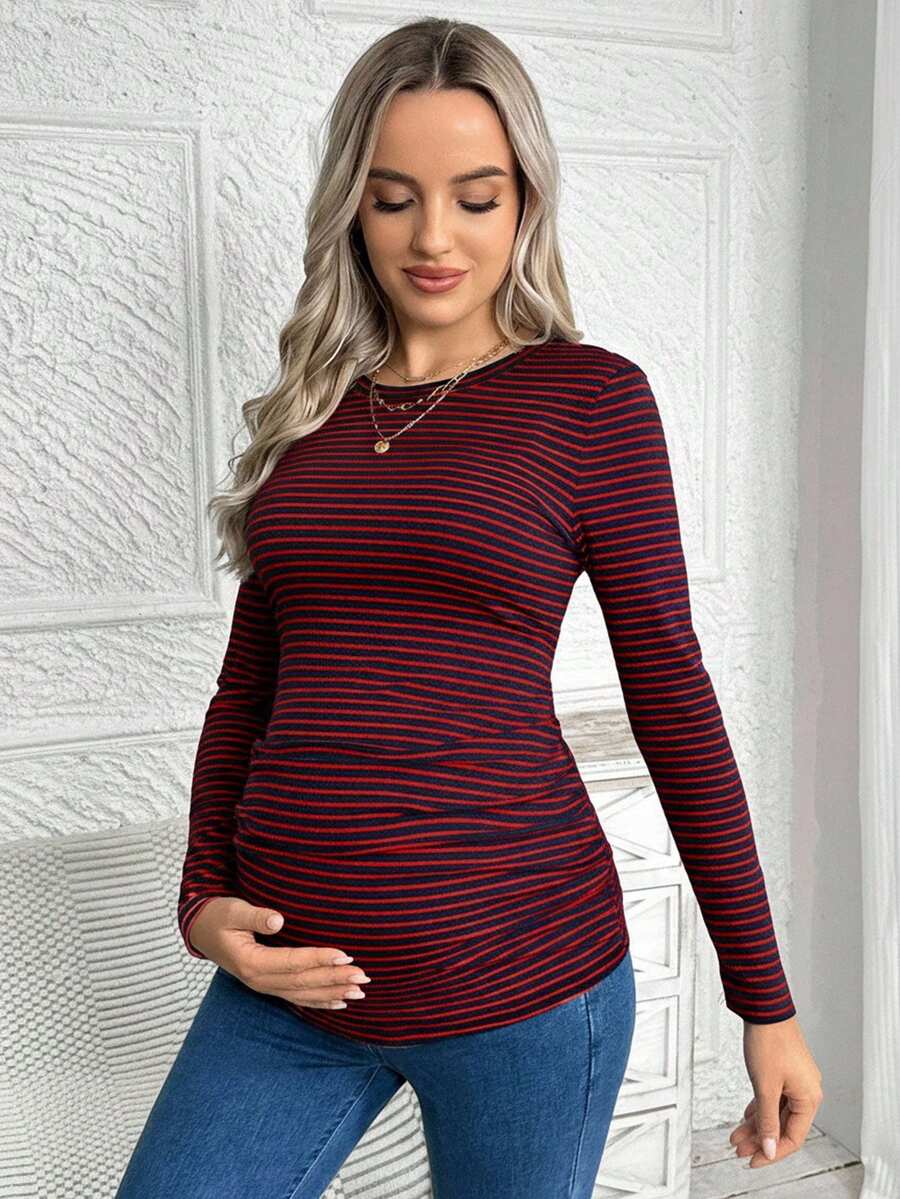 Maternity Striped Long Sleeve Slim Fit T-Shirt - Autumn Round Neck Rib-Knit Casual Top for Daily Wear