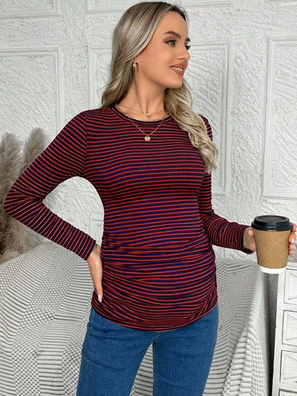 Maternity Striped Long Sleeve Slim Fit T-Shirt - Autumn Round Neck Rib-Knit Casual Top for Daily Wear