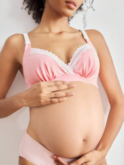 Maternity Nursing Bra - Pink Floral Lace Soft Wireless Minimalist Everyday Wear, Comfortable