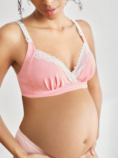 Maternity Nursing Bra - Pink Floral Lace Soft Wireless Minimalist Everyday Wear, Comfortable