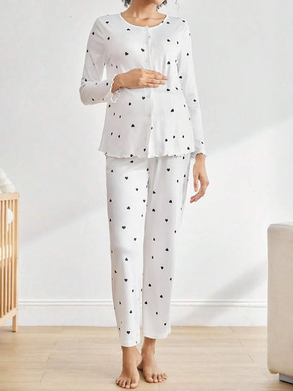 Maternity Loungewear Set - Button Front Ruffle Trim Long Sleeve Top and Pants, Autumn Winter Cozy