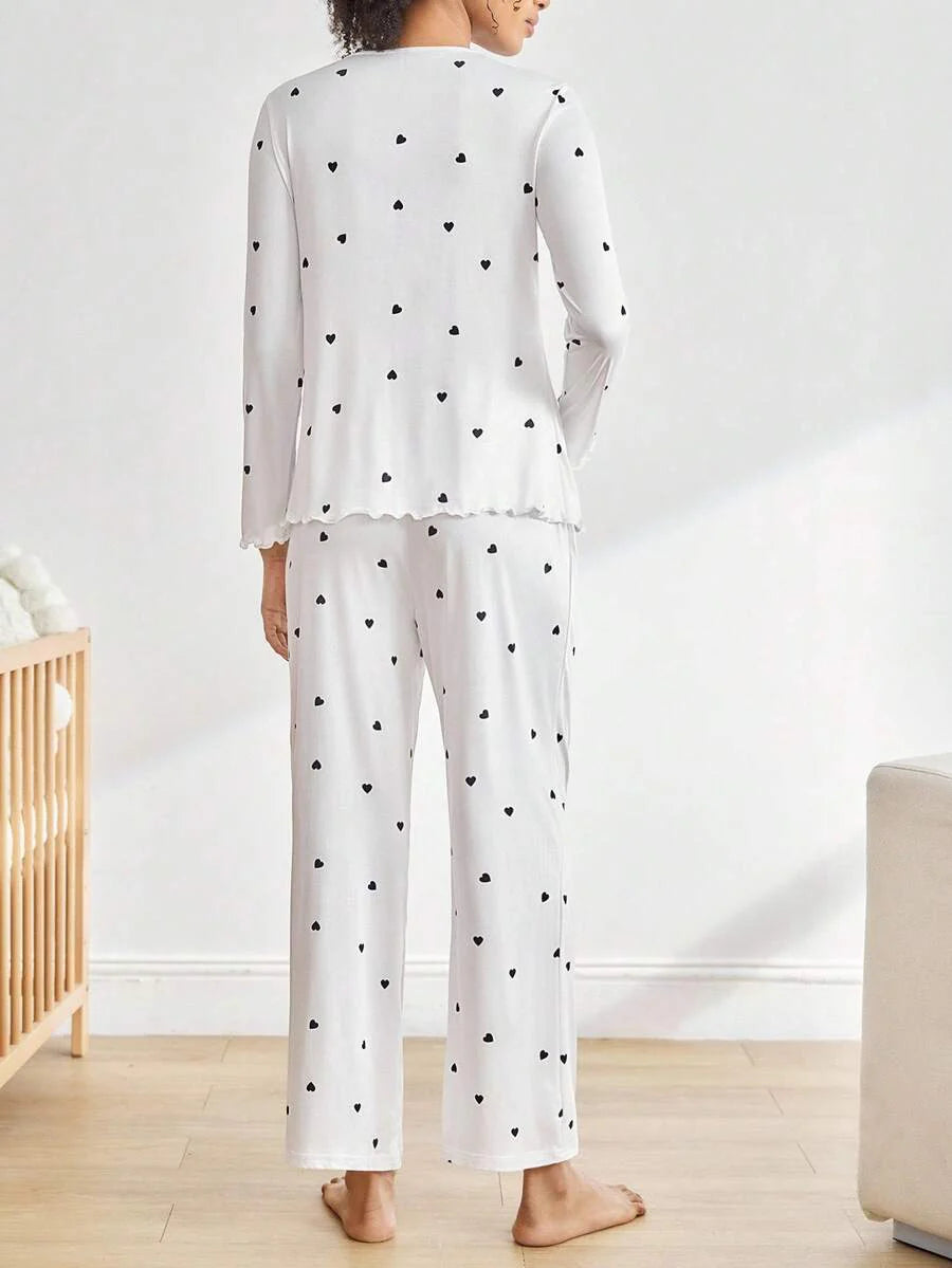 Maternity Loungewear Set - Button Front Ruffle Trim Long Sleeve Top and Pants, Autumn Winter Cozy