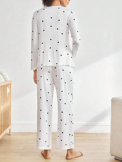 Maternity Loungewear Set - Button Front Ruffle Trim Long Sleeve Top and Pants, Autumn Winter Cozy