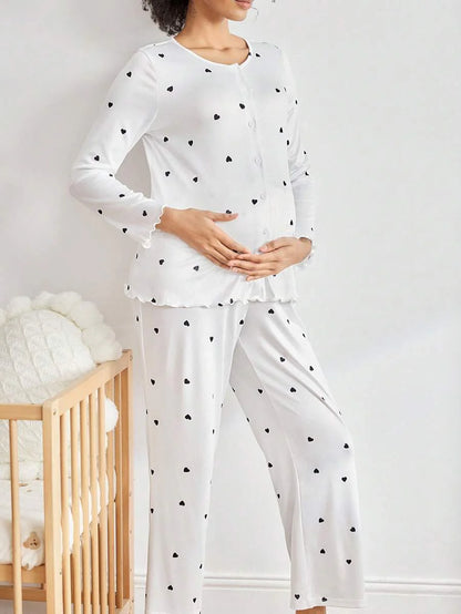 Maternity Loungewear Set - Button Front Ruffle Trim Long Sleeve Top and Pants, Autumn Winter Cozy