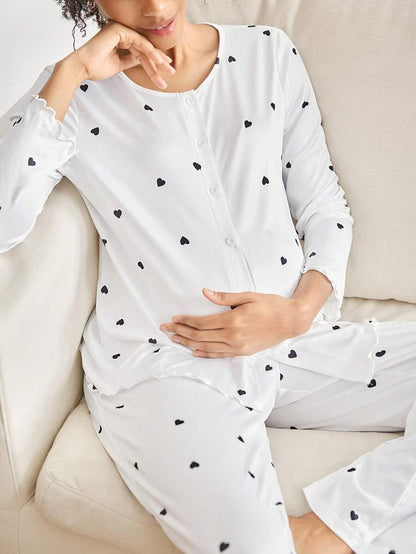 Maternity Loungewear Set - Button Front Ruffle Trim Long Sleeve Top and Pants, Autumn Winter Cozy
