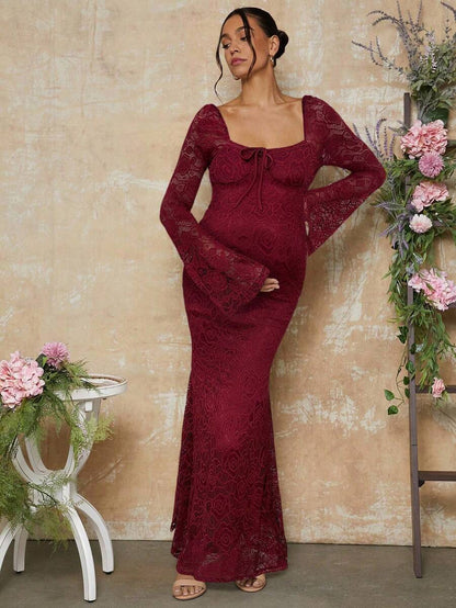 White Lace Flare Sleeve Fitted Mermaid Hem Maternity Dress