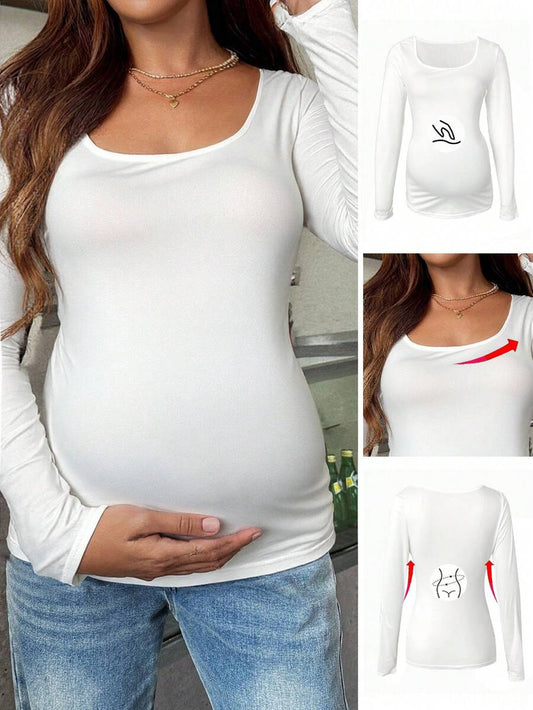 Maternity White Scoop Neck Long Sleeve Fitted T-Shirt - Slim Fit Knitted Pregnancy Top for Casual Daily Wear