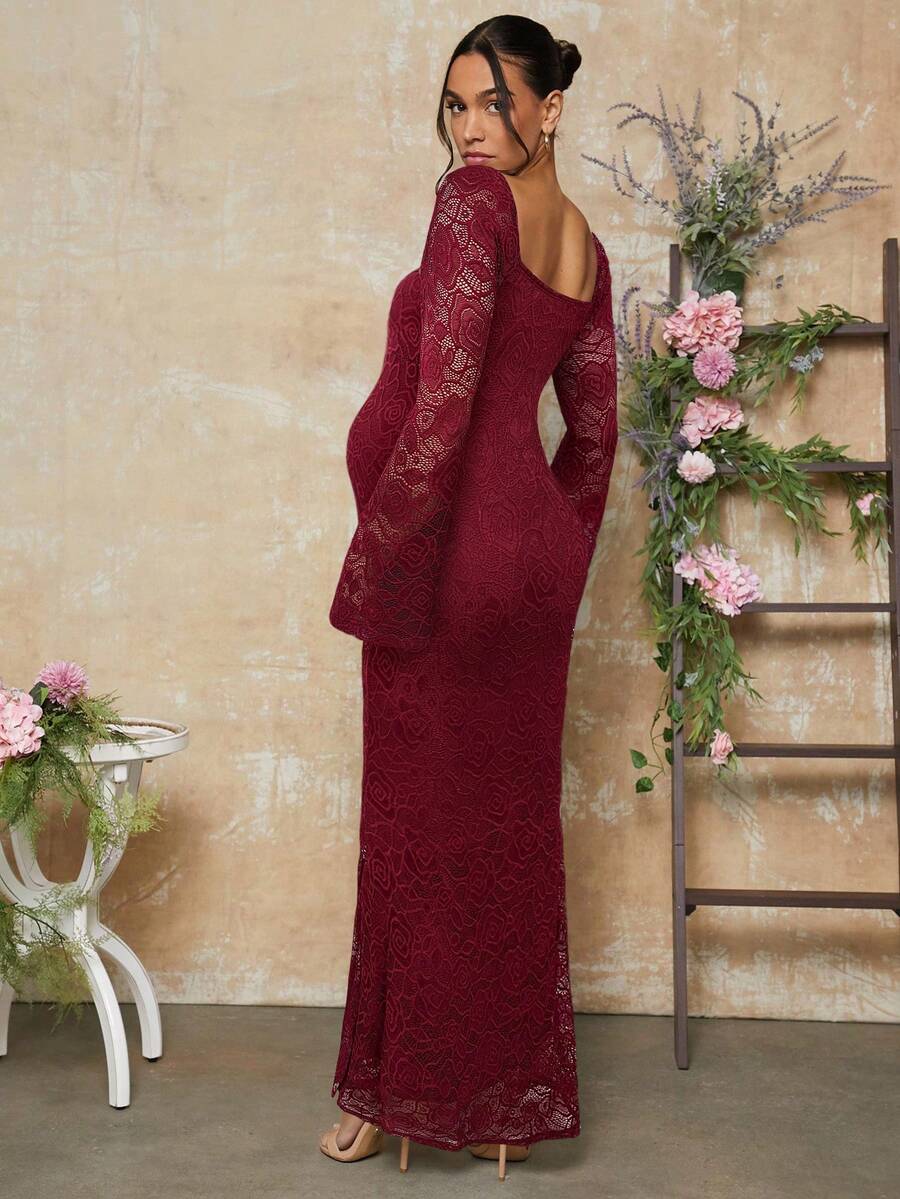White Lace Flare Sleeve Fitted Mermaid Hem Maternity Dress
