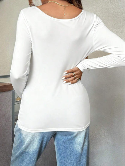 Maternity White Scoop Neck Long Sleeve Fitted T-Shirt - Slim Fit Knitted Pregnancy Top for Casual Daily Wear