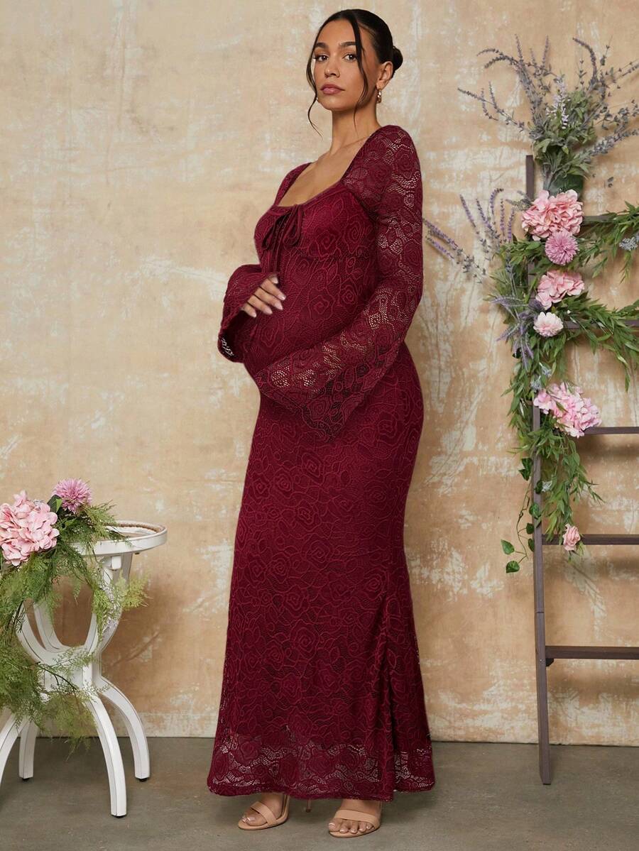 White Lace Flare Sleeve Fitted Mermaid Hem Maternity Dress