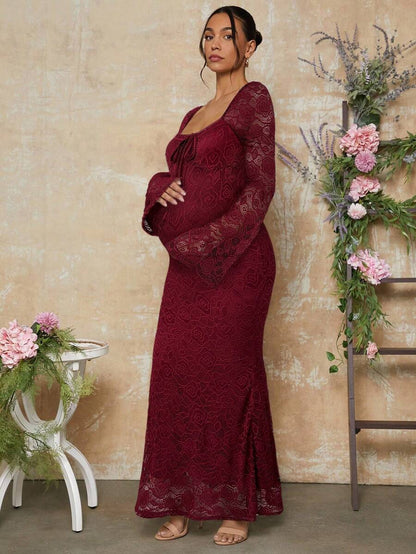 White Lace Flare Sleeve Fitted Mermaid Hem Maternity Dress