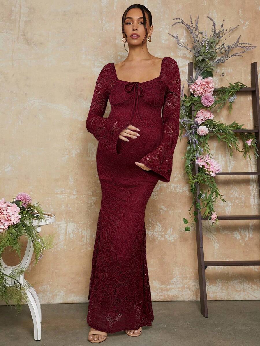 White Lace Flare Sleeve Fitted Mermaid Hem Maternity Dress