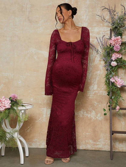 White Lace Flare Sleeve Fitted Mermaid Hem Maternity Dress