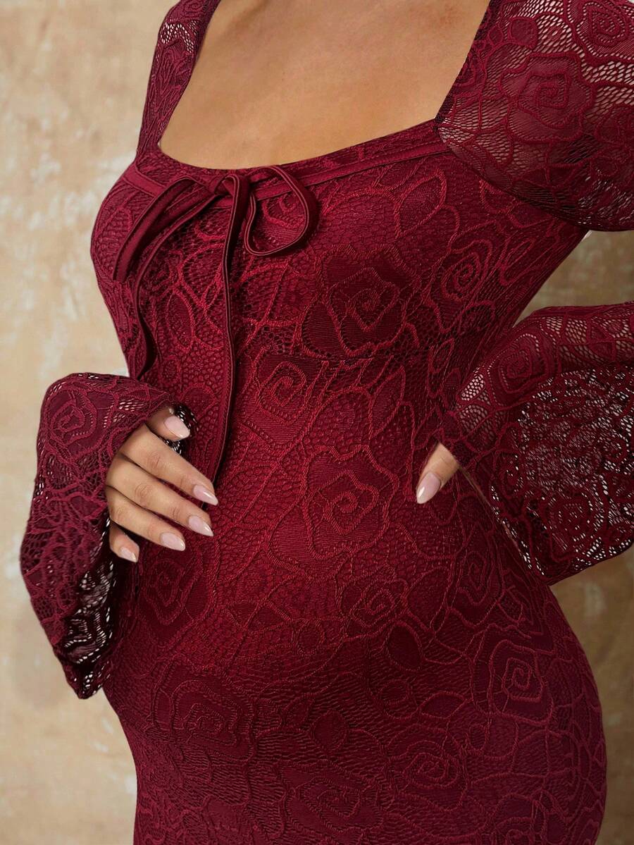 White Lace Flare Sleeve Fitted Mermaid Hem Maternity Dress