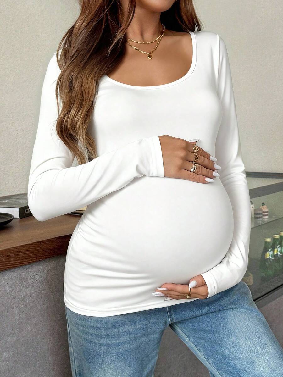 Maternity White Scoop Neck Long Sleeve Fitted T-Shirt - Slim Fit Knitted Pregnancy Top for Casual Daily Wear