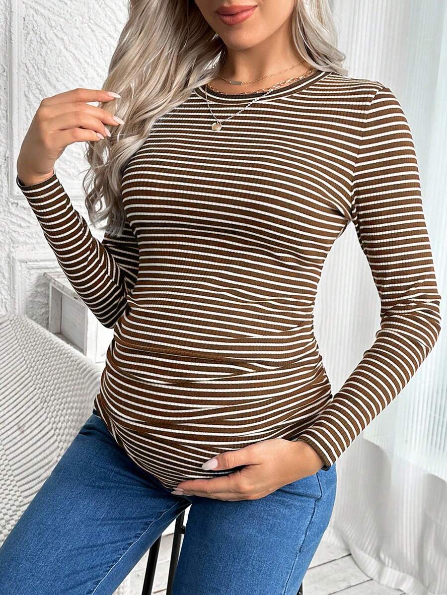 Maternity Striped Long Sleeve Slim Fit T-Shirt - Autumn Round Neck Rib-Knit Casual Top for Daily Wear