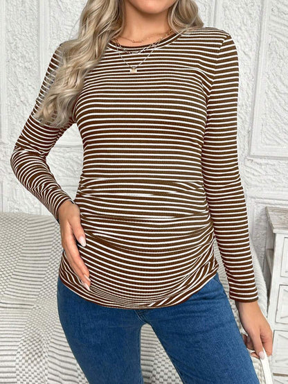 Maternity Striped Long Sleeve Slim Fit T-Shirt - Autumn Round Neck Rib-Knit Casual Top for Daily Wear