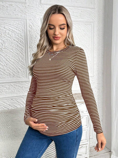 Maternity Striped Long Sleeve Slim Fit T-Shirt - Autumn Round Neck Rib-Knit Casual Top for Daily Wear