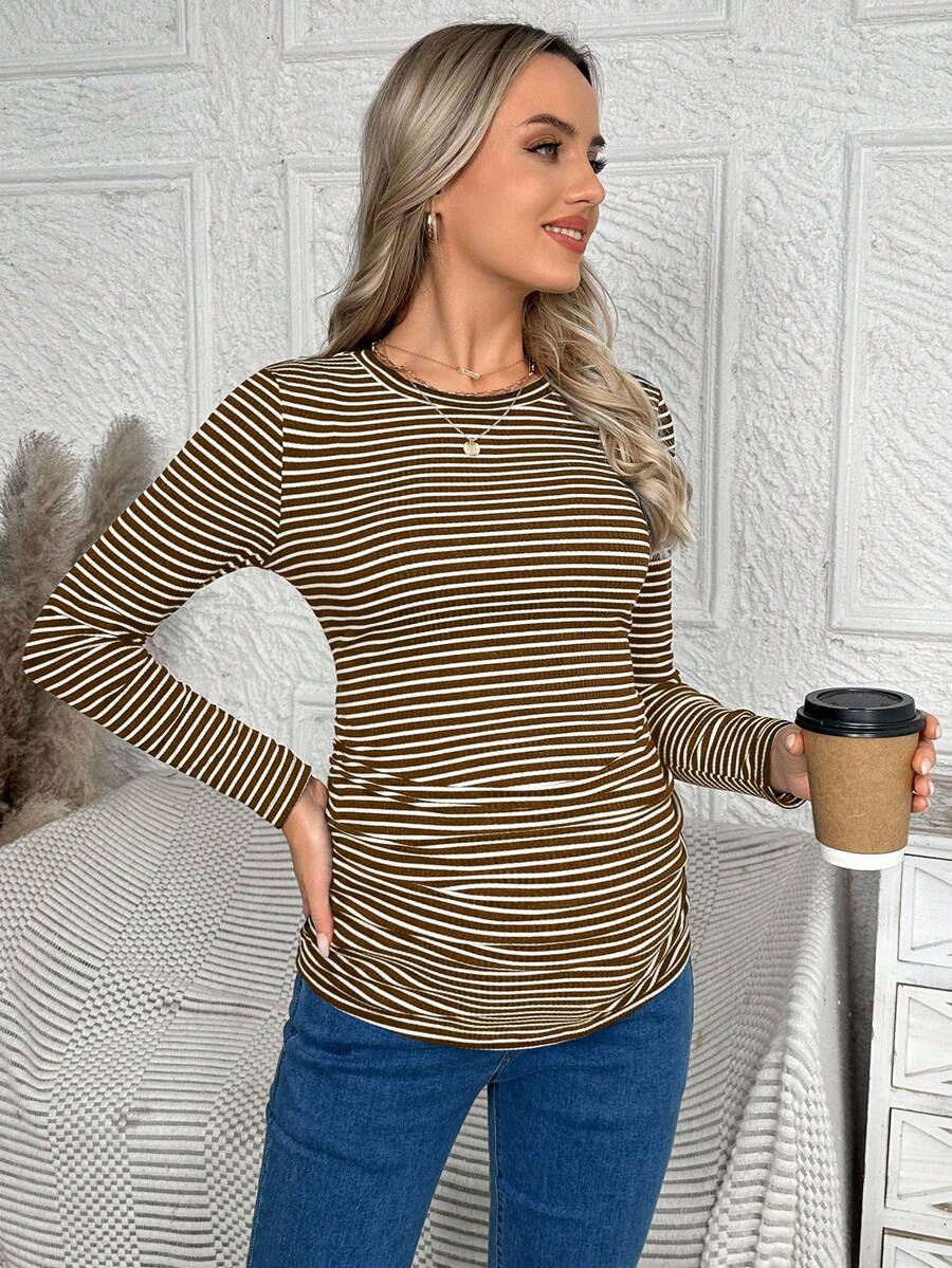 Maternity Striped Long Sleeve Slim Fit T-Shirt - Autumn Round Neck Rib-Knit Casual Top for Daily Wear