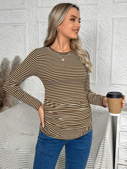 Maternity Striped Long Sleeve Slim Fit T-Shirt - Autumn Round Neck Rib-Knit Casual Top for Daily Wear