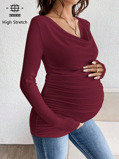 Maternity Solid Color Draped Neck Pleated Long Sleeve T-Shirt - Ribbed Pregnancy Top