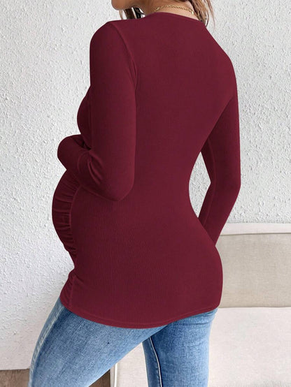 Maternity Solid Color Draped Neck Pleated Long Sleeve T-Shirt - Ribbed Pregnancy Top