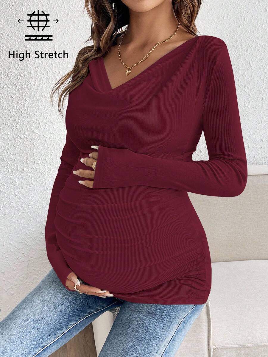Maternity Solid Color Draped Neck Pleated Long Sleeve T-Shirt - Ribbed Pregnancy Top