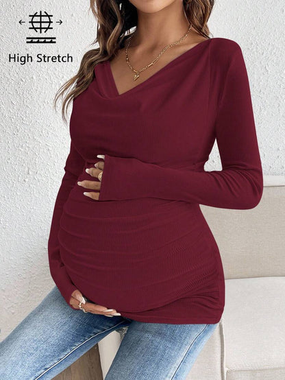 Maternity Solid Color Draped Neck Pleated Long Sleeve T-Shirt - Ribbed Pregnancy Top
