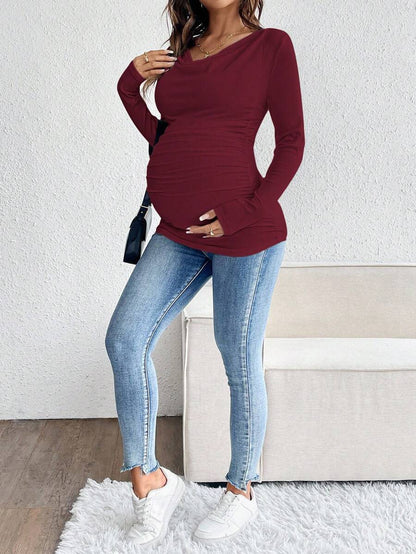 Maternity Solid Color Draped Neck Pleated Long Sleeve T-Shirt - Ribbed Pregnancy Top