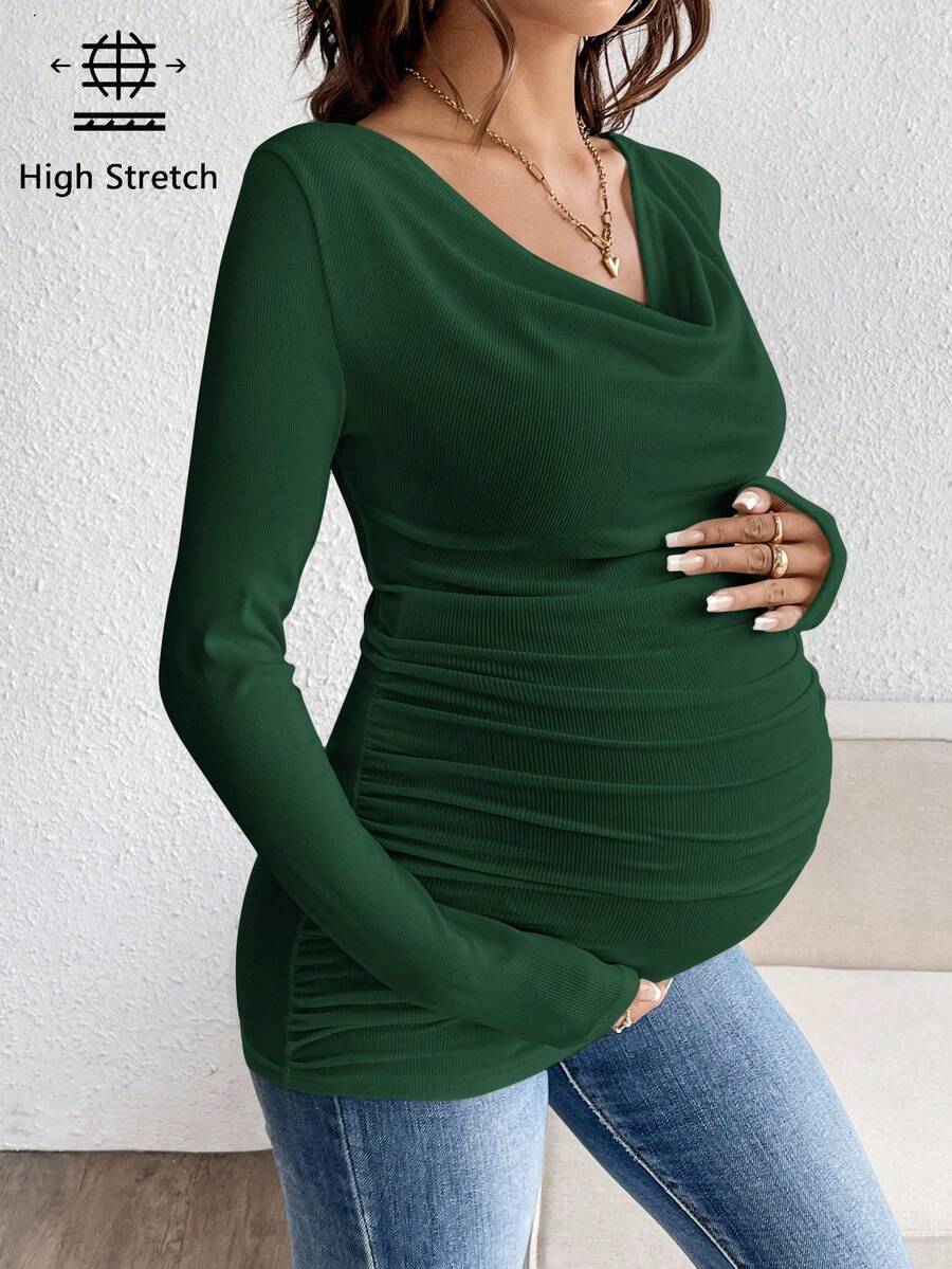 Maternity Solid Color Draped Neck Pleated Long Sleeve T-Shirt - Ribbed Pregnancy Top