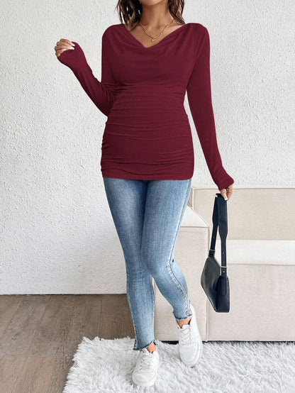 Maternity Solid Color Draped Neck Pleated Long Sleeve T-Shirt - Ribbed Pregnancy Top