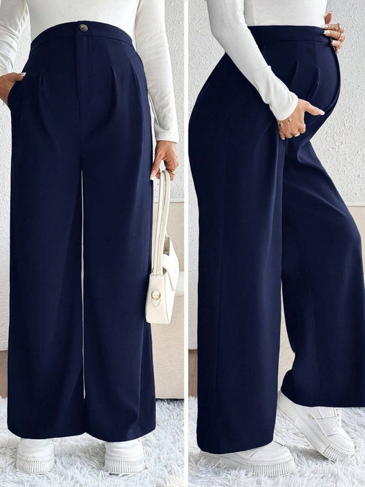 Maternity Palazzo Pants - Button Detail, Pocket, Tailored Loose Fit, Navy Blue