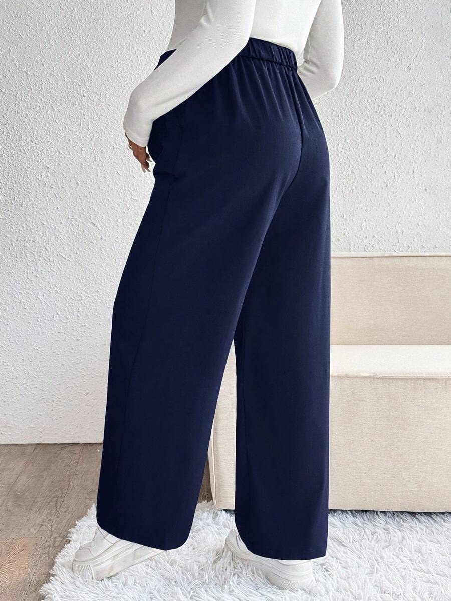 Maternity Palazzo Pants - Button Detail, Pocket, Tailored Loose Fit, Navy Blue