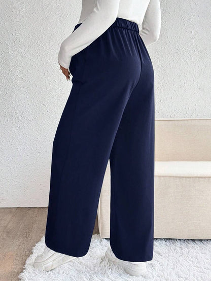Maternity Palazzo Pants - Button Detail, Pocket, Tailored Loose Fit, Navy Blue