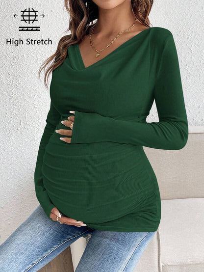 Maternity Solid Color Draped Neck Pleated Long Sleeve T-Shirt - Ribbed Pregnancy Top